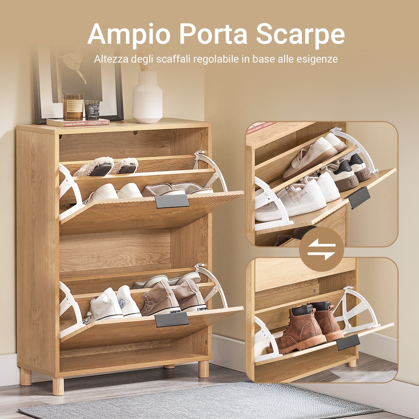SoBuy FSR200-II-N, Scarpiera Salvaspazio Slim - Mobile Ingresso Moderno con Ante Ribaltabili, Scarpiere Moderne in Legno Chiaro per 8 Paia Scarpe - Mobiletto Esterno Slim 60x24x83 cm