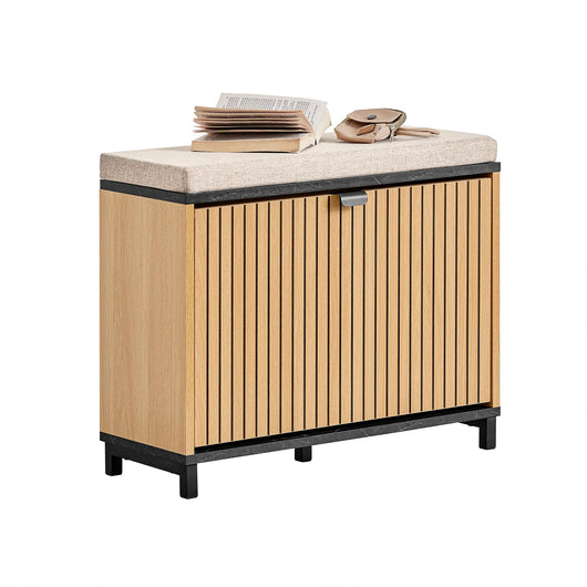 SoBuy Scarpiera Ingresso Panca Contenitore Scarpiera Salvaspazio Slim con Seduta Imbottita Mobile Ingresso Legno per Camera da Letto e Corridoio Nero Effetto Marmo e Legno 60x24x50cm FSR201-N