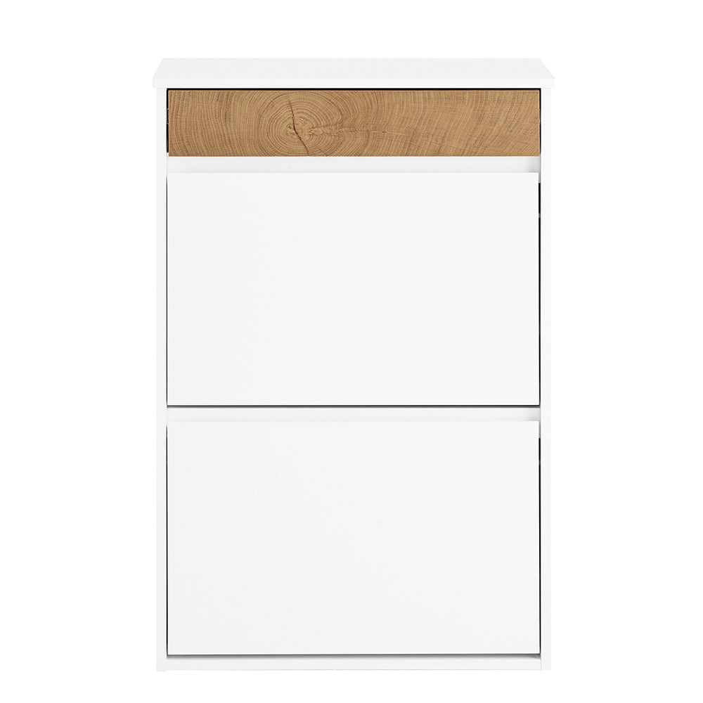 SoBuy FSR205-WN Scarpiera Salvaspazio Slim Ingresso - Mobile Scarpiera con 2 Ante a Ribalta e Cassetto - Design Nordico per Ingresso Moderno - Armadio in Legno Bianco e Rovere - 61x26x91cm