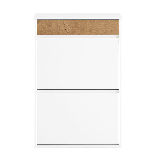 SoBuy FSR205-WN Scarpiera Salvaspazio Slim Ingresso - Mobile Scarpiera con 2 Ante a Ribalta e Cassetto - Design Nordico per Ingresso Moderno - Armadio in Legno Bianco e Rovere - 61x26x91cm