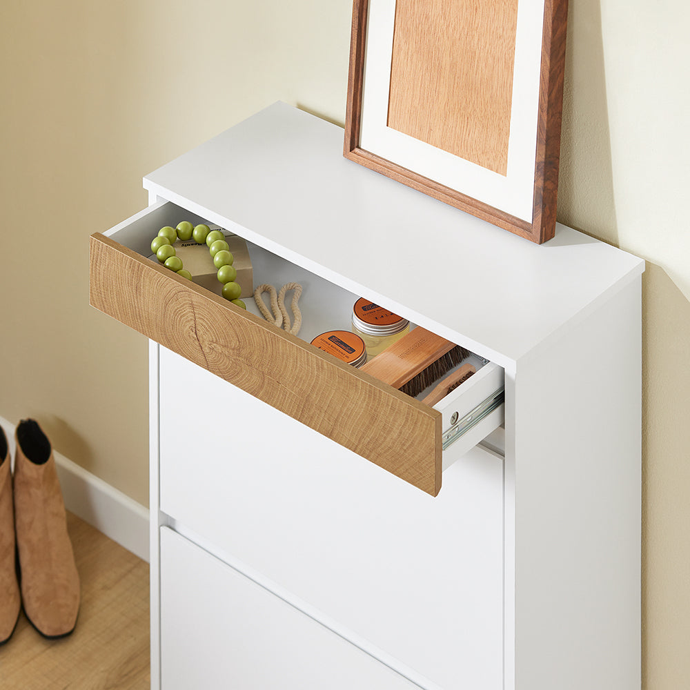 SoBuy FSR205-WN Scarpiera Salvaspazio Slim Ingresso - Mobile Scarpiera con 2 Ante a Ribalta e Cassetto - Design Nordico per Ingresso Moderno - Armadio in Legno Bianco e Rovere - 61x26x91cm