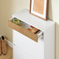 SoBuy FSR205-WN Scarpiera Salvaspazio Slim Ingresso - Mobile Scarpiera con 2 Ante a Ribalta e Cassetto - Design Nordico per Ingresso Moderno - Armadio in Legno Bianco e Rovere - 61x26x91cm