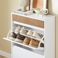 SoBuy FSR205-WN Scarpiera Salvaspazio Slim Ingresso - Mobile Scarpiera con 2 Ante a Ribalta e Cassetto - Design Nordico per Ingresso Moderno - Armadio in Legno Bianco e Rovere - 61x26x91cm