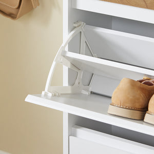 SoBuy FSR205-WN Scarpiera Salvaspazio Slim Ingresso - Mobile Scarpiera con 2 Ante a Ribalta e Cassetto - Design Nordico per Ingresso Moderno - Armadio in Legno Bianco e Rovere - 61x26x91cm