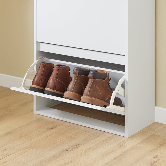 SoBuy FSR205-WN Scarpiera Salvaspazio Slim Ingresso - Mobile Scarpiera con 2 Ante a Ribalta e Cassetto - Design Nordico per Ingresso Moderno - Armadio in Legno Bianco e Rovere - 61x26x91cm