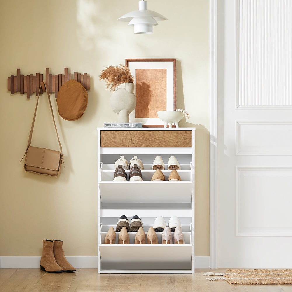 SoBuy FSR205-WN Scarpiera Salvaspazio Slim Ingresso - Mobile Scarpiera con 2 Ante a Ribalta e Cassetto - Design Nordico per Ingresso Moderno - Armadio in Legno Bianco e Rovere - 61x26x91cm