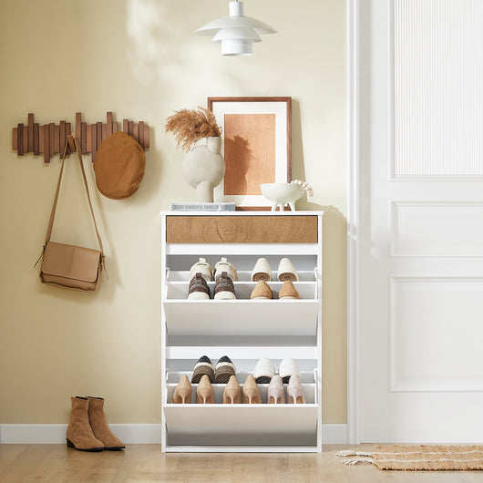 SoBuy FSR205-WN Scarpiera Salvaspazio Slim Ingresso - Mobile Scarpiera con 2 Ante a Ribalta e Cassetto - Design Nordico per Ingresso Moderno - Armadio in Legno Bianco e Rovere - 61x26x91cm