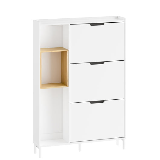 SoBuy Scarpiera Salvaspazio Slim Scarpiera Ingresso Mobile Ingresso, 3 Porte a Ribalta? Bianco e Bamboo, Spazio Salvaspazio per Ingressi e Corridoi, Facile Montaggio, 90x19x129.5 cm, FSR209-WN