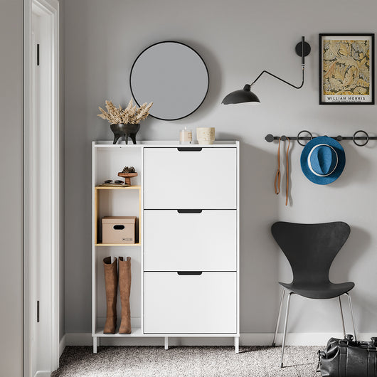 SoBuy Scarpiera Salvaspazio Slim Scarpiera Ingresso Mobile Ingresso, 3 Porte a Ribalta? Bianco e Bamboo, Spazio Salvaspazio per Ingressi e Corridoi, Facile Montaggio, 90x19x129.5 cm, FSR209-WN