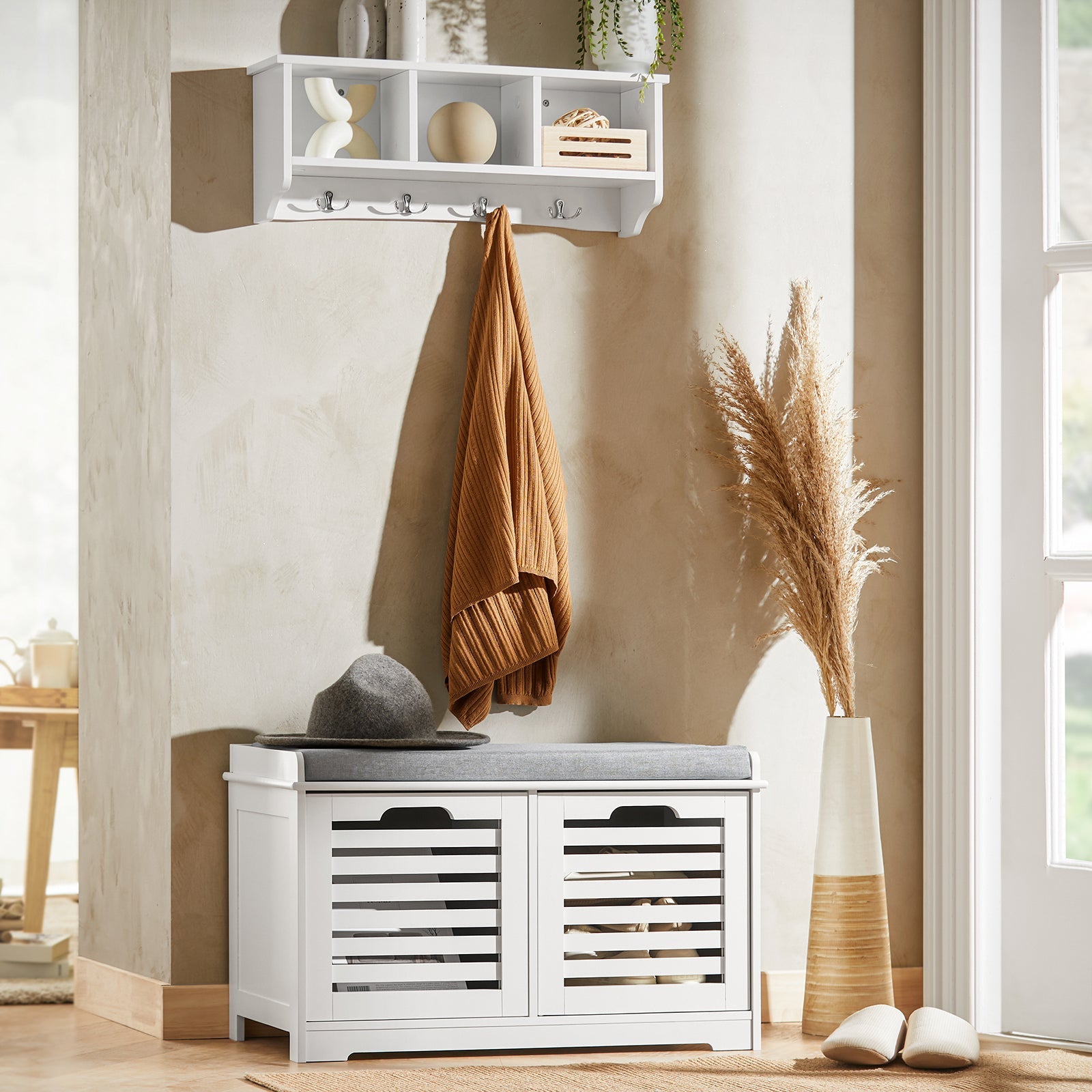 Scarpiera da ingresso Panchina con Cuscino e Cestini 2 Cestini Bianco FSR23-K-W