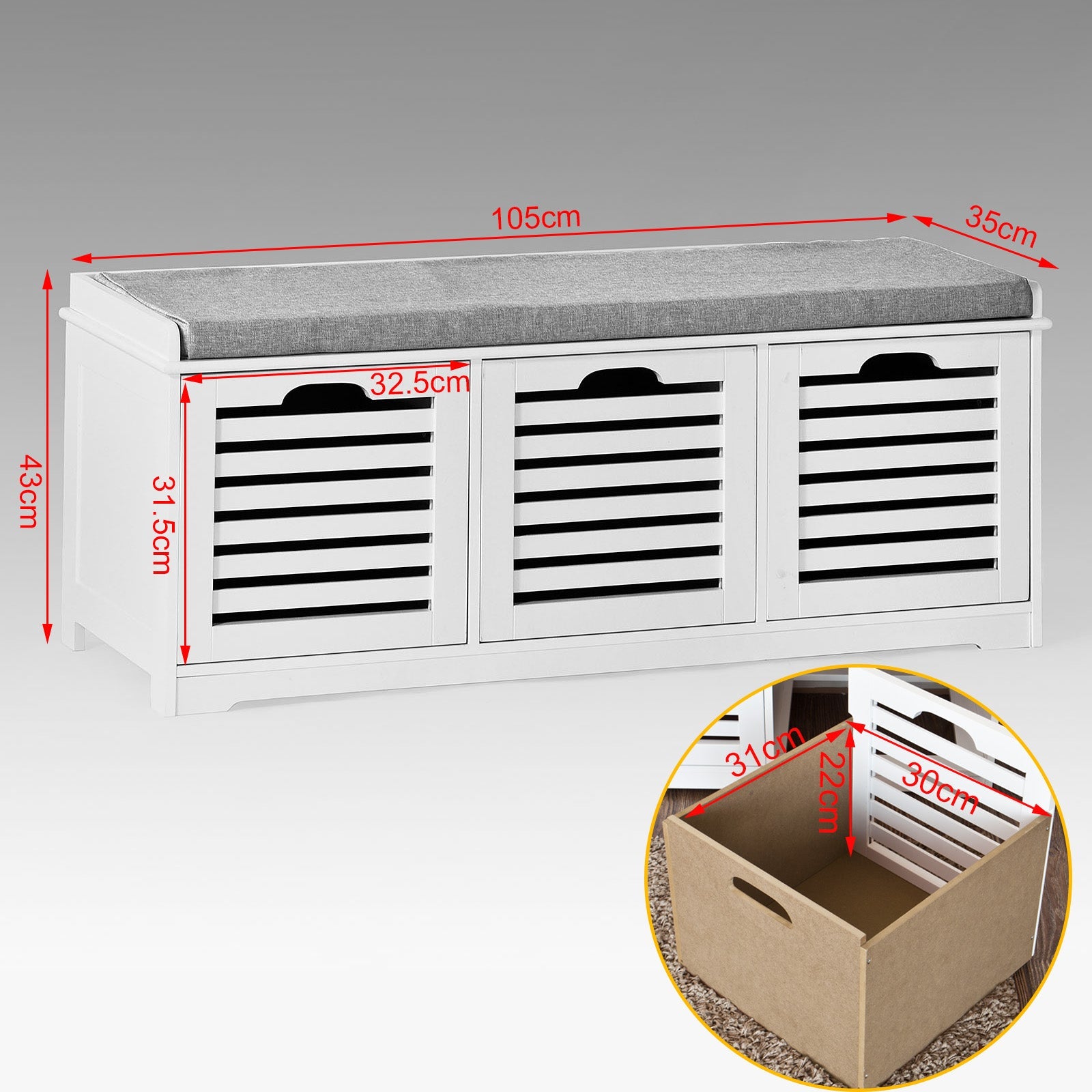 Scarpiera da ingresso Panchina con Cuscino e Cestini 3 Cestini Bianco FSR23-W