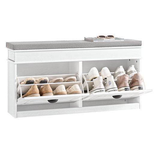 SoBuy FSR64-WG Scarpiera Salvaspazio Slim da Ingresso Panca Contenitore con Cuscino, Cassapanca Scarpiera Regolabile per Camera, Corridoio, 104x24x51cm, Effetto Legno Invecchiato Bianco