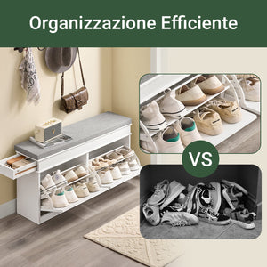 SoBuy FSR64-WG Scarpiera Salvaspazio Slim da Ingresso Panca Contenitore con Cuscino, Cassapanca Scarpiera Regolabile per Camera, Corridoio, 104x24x51cm, Effetto Legno Invecchiato Bianco