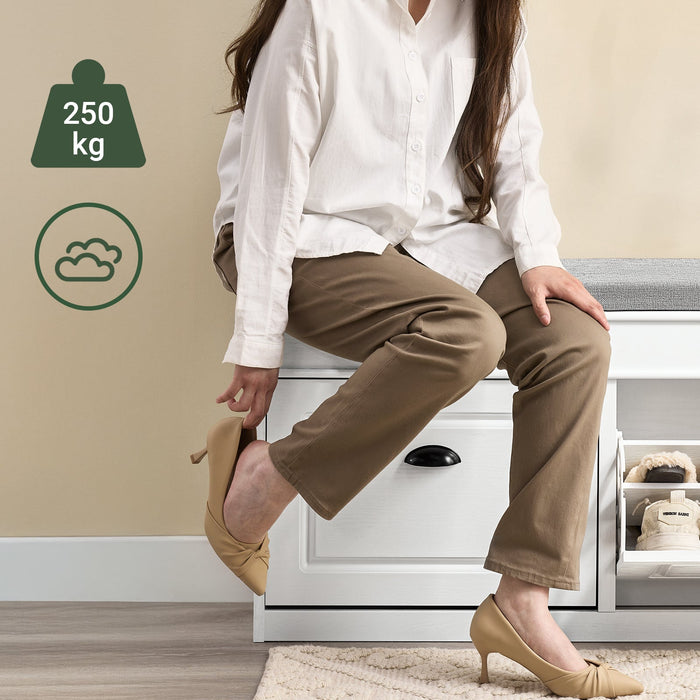 SoBuy FSR64-WG Scarpiera Salvaspazio Slim da Ingresso Panca Contenitore con Cuscino, Cassapanca Scarpiera Regolabile per Camera, Corridoio, 104x24x51cm, Effetto Legno Invecchiato Bianco