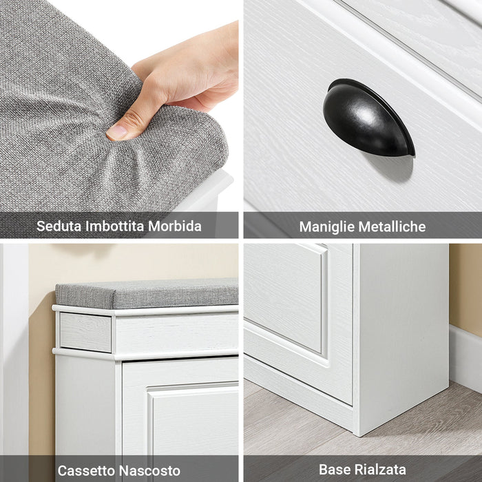 SoBuy FSR64-WG Scarpiera Salvaspazio Slim da Ingresso Panca Contenitore con Cuscino, Cassapanca Scarpiera Regolabile per Camera, Corridoio, 104x24x51cm, Effetto Legno Invecchiato Bianco
