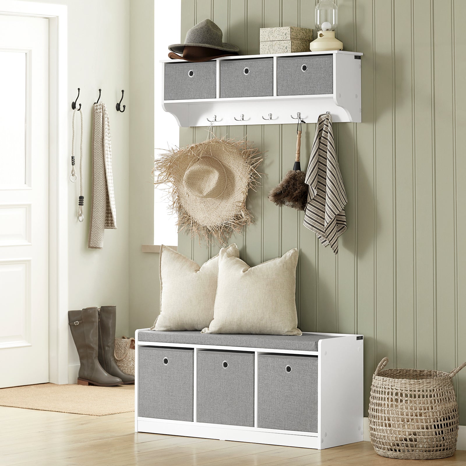 Panca scarpiera Cassapanca da Interno Mobile Bagno con 3 cesti Bianco e Grigio L102*P32*A45cm FSR65-DG