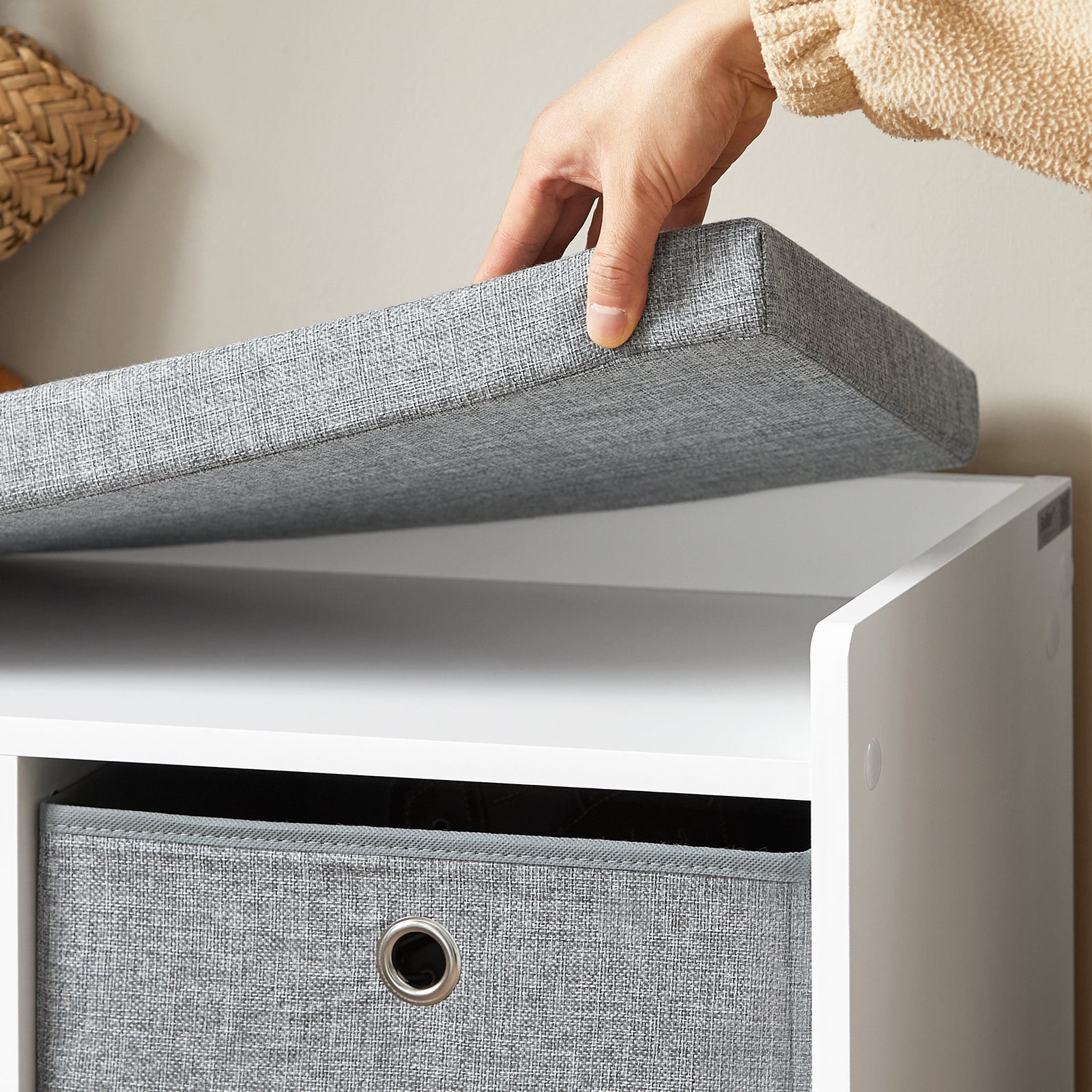 Panca scarpiera Cassapanca da Interno Mobile Bagno con 2 cestini Bianco e Grigio L68*P32*A45cm FSR65-K-DG