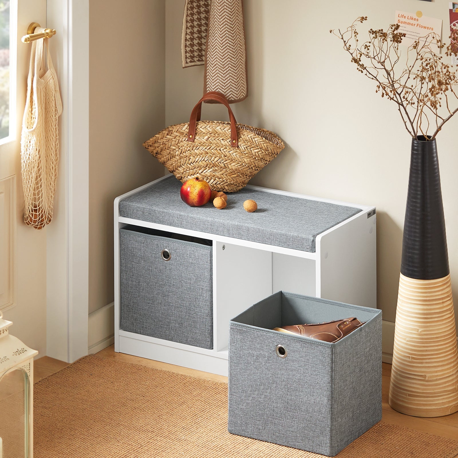 Panca scarpiera Cassapanca da Interno Mobile Bagno con 2 cestini Bianco e Grigio L68*P32*A45cm FSR65-K-DG