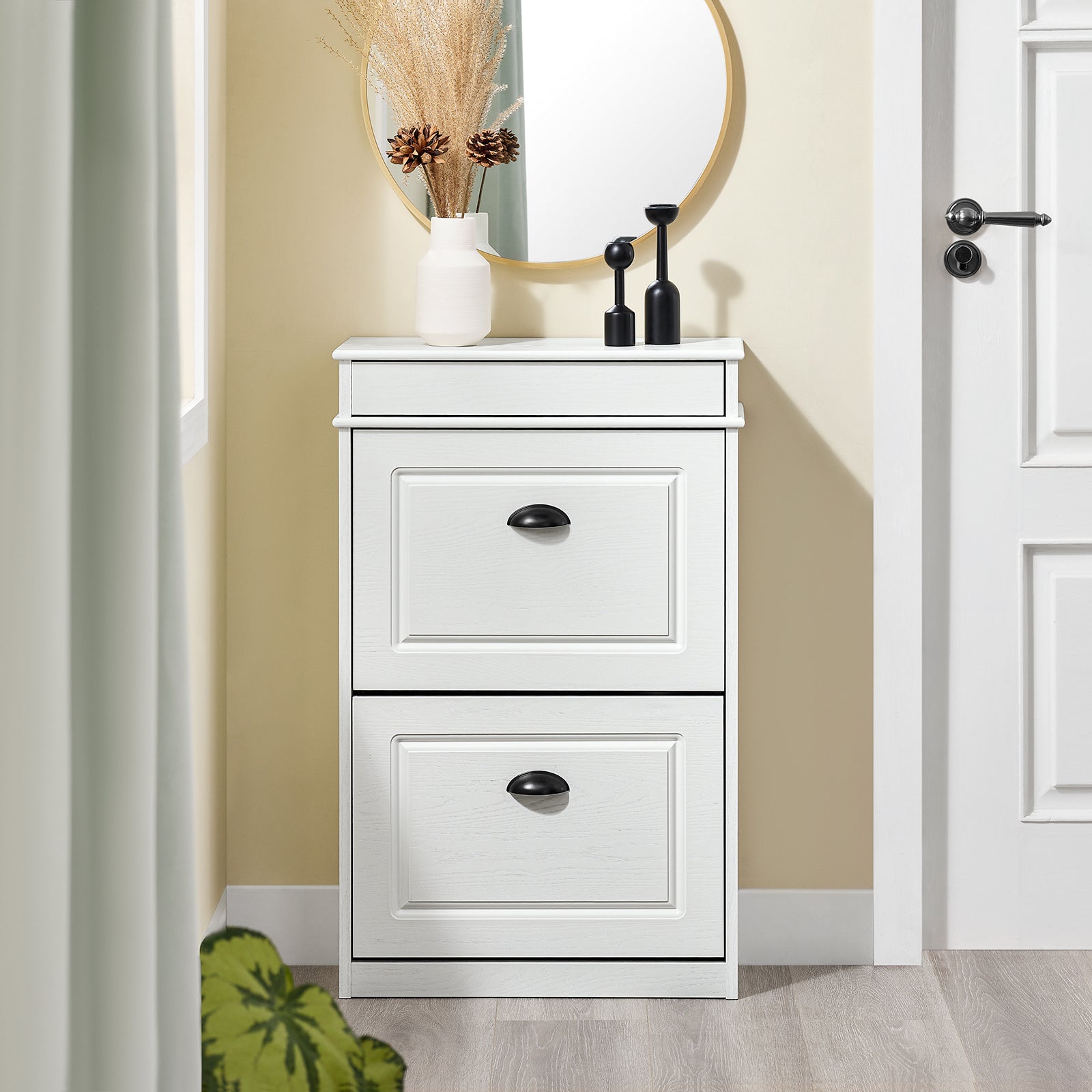 SoBuy FSR78-WG Scarpiera Salvaspazio Slim Mobiletto da Ingresso con 2 Ante a Ribalta Armadio Portascarpe Scarpiera Moderna per Ingresso, Corridoio o Camera 54x24x82cm Effetto Legno Invecchiato Bianco