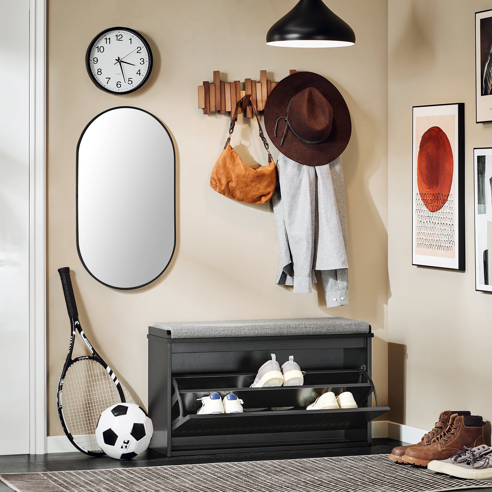 Scarpiera da Ingresso Scarpiera con ribalta Cassapanca Portascarpe con cuscino,Nero, L62xP25xA46cm FSR98-SCH