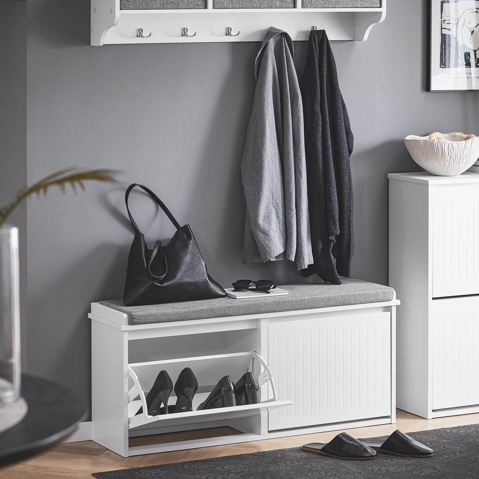 Scarpiera con patta e cuscino per scarpe, 100x46x26cm colore bianco FSR98-XL-W