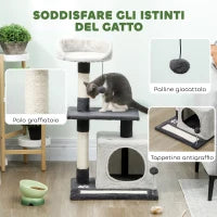 Albero Tiragraffi per Gatti Alto 85 cm con Casetta, Lettino, Pali e Tappetino Tiragraffi, Grigio