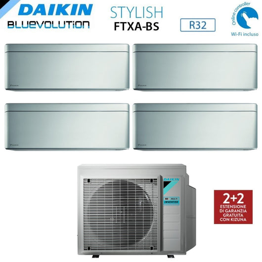 Climatizzatore Condizionatore Daikin Bluevolution Quadri Split Inverter serie STYLISH TOTAL SILVER FTXA-BS 9+9+12+12 con 4MXM80N R-32 Wi-Fi Integrato 9000+9000+12000+12000 colore GRIGIO Garanzia Italiana- Novità 2020