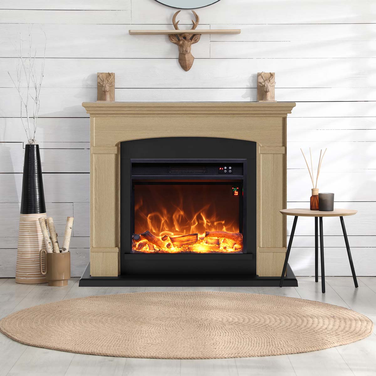 Caminetto Fuego Monica Rovere 1500w a Parete Con Cornice Telecomando e Bruciatore 1500w Rovere