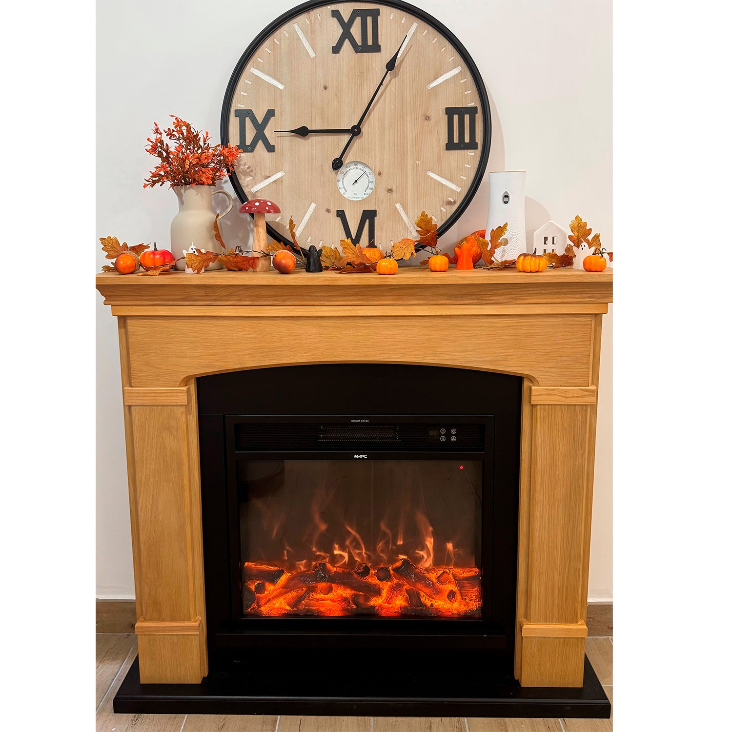 Caminetto Fuego Monica Rovere 1500w a Parete Con Cornice Telecomando e Bruciatore 1500w Rovere