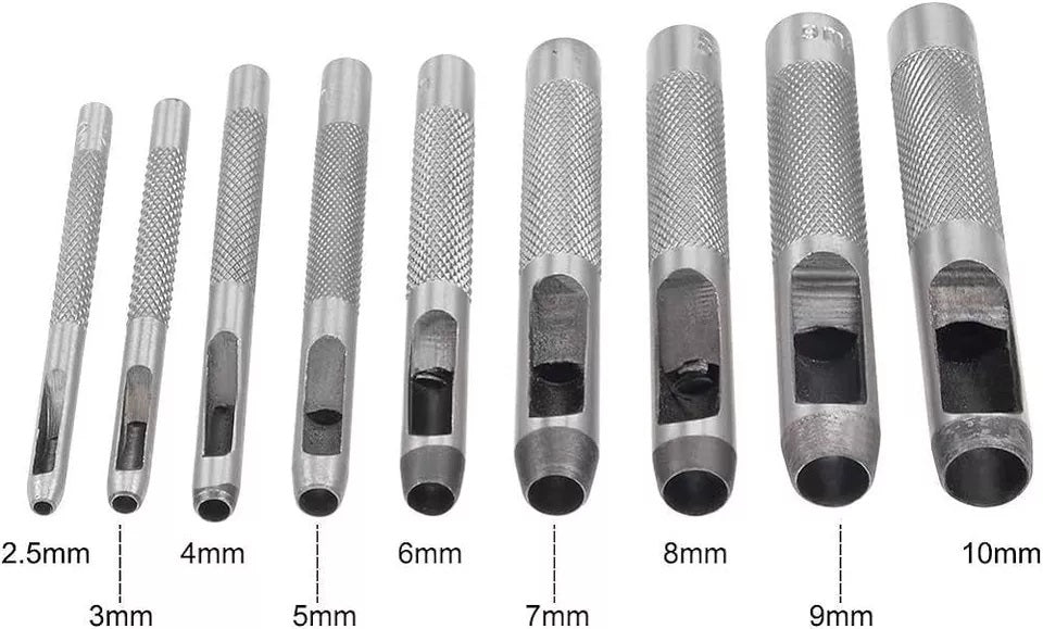 FUSTELLE IN ACCIAIO SET 9 PZ  PER CUOIO LAMIERE STOFFA PLASTICA LEGNO PUNZONI