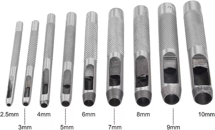 FUSTELLE IN ACCIAIO SET 9 PZ  PER CUOIO LAMIERE STOFFA PLASTICA LEGNO PUNZONI