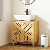 Mobile sottolavabo in Bambù con 2 Ante Doghe e Scaffale Regolabile per Lavabo senza Base 60x30x60 cm Naturale