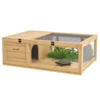 Casa per Tartarughe di Legno con Tetto in Rete e Pannelli Laterali Trasparenti Rimovibili 91x60,5x32cm Giallo