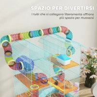 Gabbia per Criceti a 5 Piani con Tubi Colorati, Ruota, Casetta e Accessori, 47x30x59 cm, Azzurro