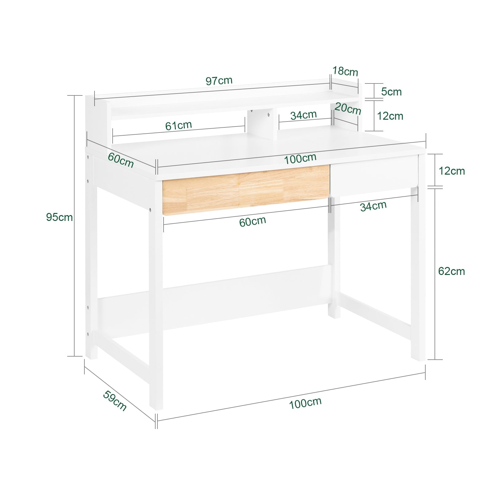 Scrivania con 2 cassetti Scrivania per cameretta da ragazzi Scrivania Scaffale Tavolo Bianco 100x59x95cm FWT106-W