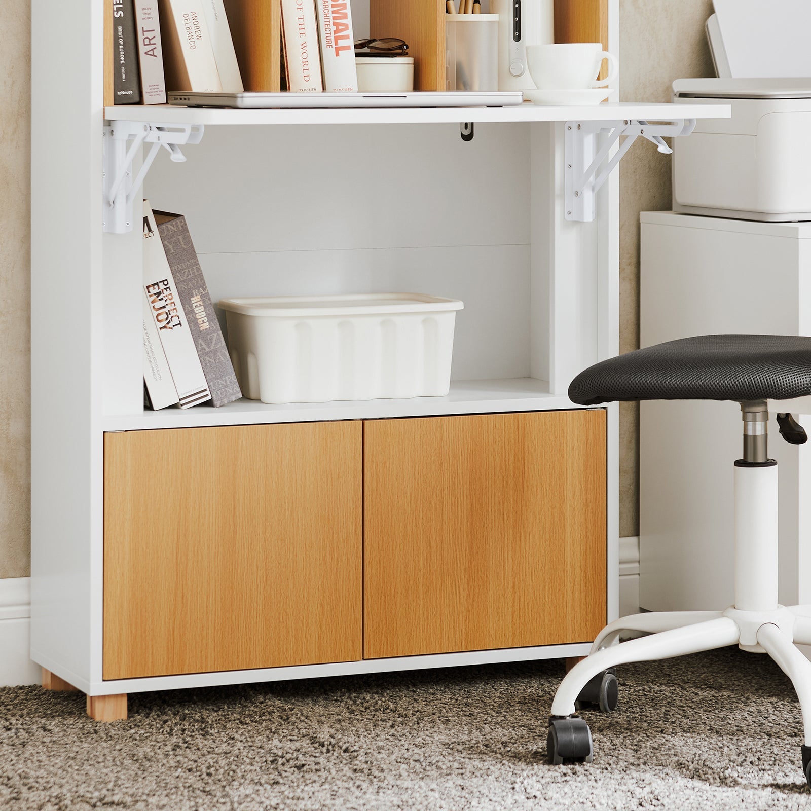 Scrivania pieghevole multifunzionale Tavolo da lavoro con Ripiani Bianco-Naturale 70x108x59 cm FWT107-WN