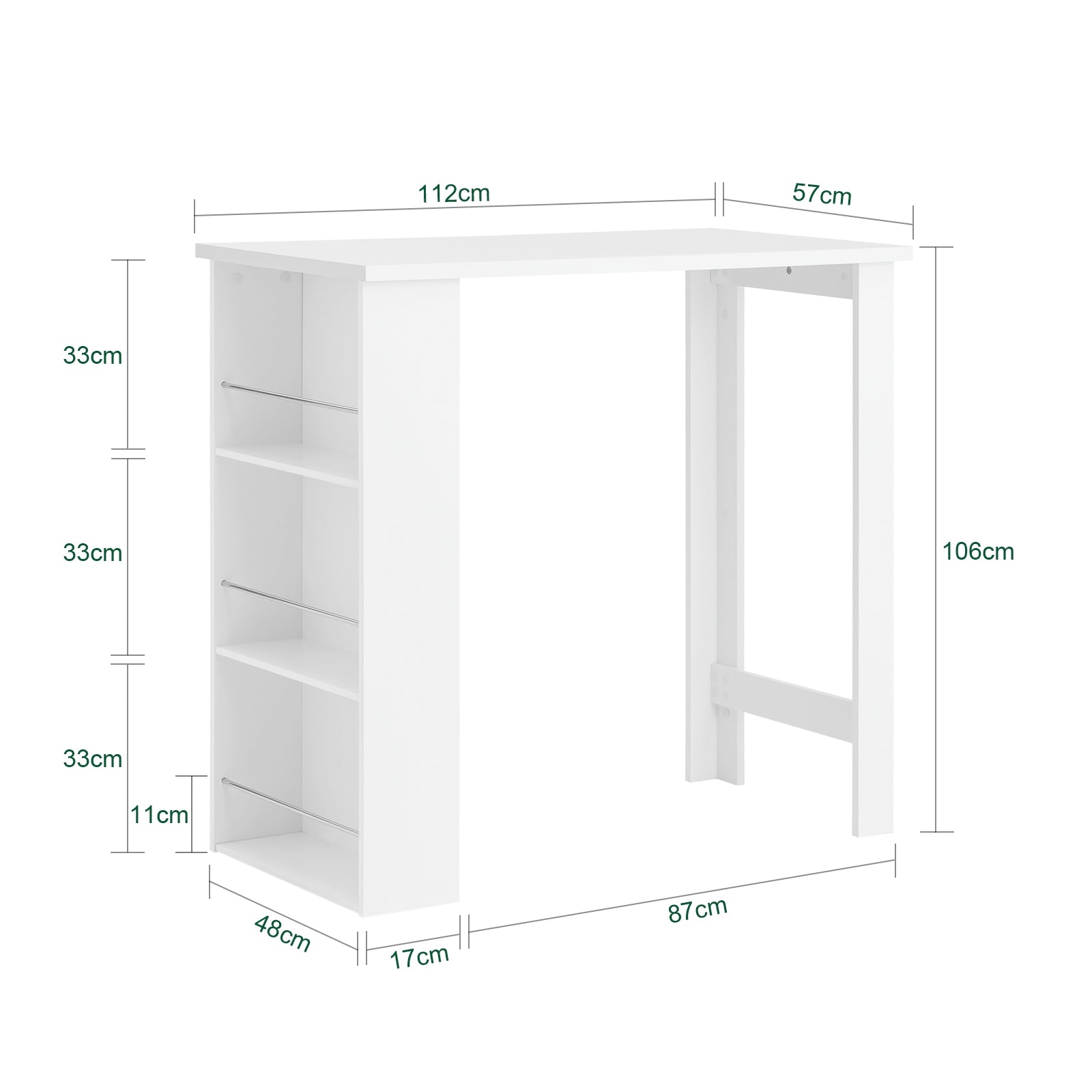 SoBuy Tavolo Alto da Cucina, Tavolo da Bar Moderno con Ripiani di Stoccaggio, Design Salvaspazio per Cucina Piccola, Soggiorno, Angolo Bar o Studio Bianco 112 x 57 x 106 cm FWT17-II-W