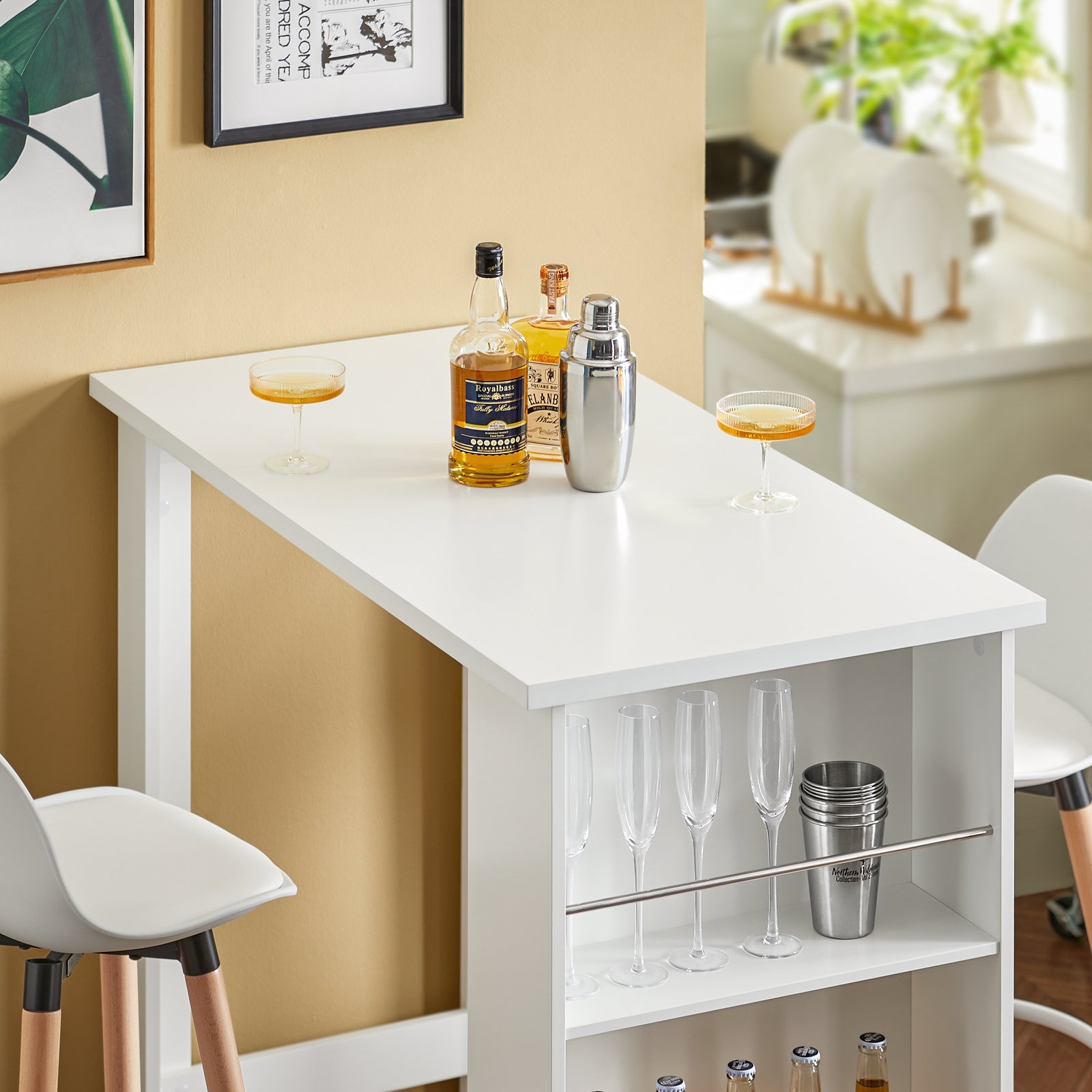 SoBuy Tavolo Alto da Cucina, Tavolo da Bar Moderno con Ripiani di Stoccaggio, Design Salvaspazio per Cucina Piccola, Soggiorno, Angolo Bar o Studio Bianco 112 x 57 x 106 cm FWT17-II-W