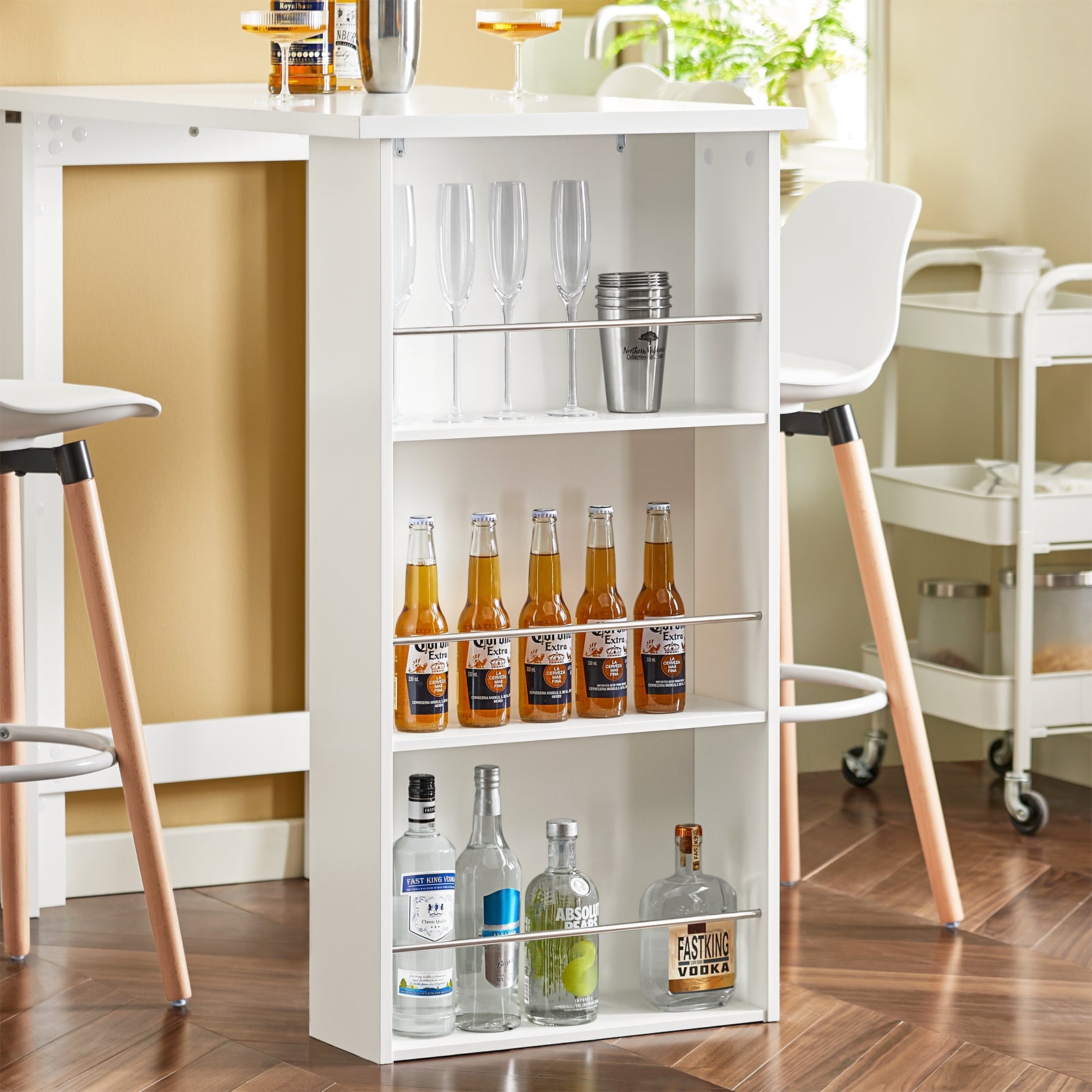 SoBuy Tavolo Alto da Cucina, Tavolo da Bar Moderno con Ripiani di Stoccaggio, Design Salvaspazio per Cucina Piccola, Soggiorno, Angolo Bar o Studio Bianco 112 x 57 x 106 cm FWT17-II-W