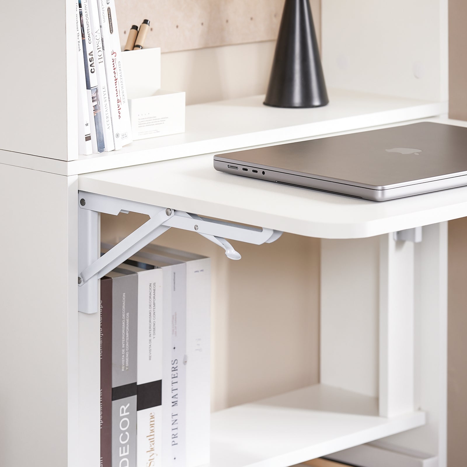 SoBuy Scrivania Salvaspazio Scrivania Ufficio con Ripiani Tavolo Pieghevole da Parete Tavolo Richiudibile per Computer Scrittoio da Lavoro Naturale 64x58x145cm FWT92-H-W