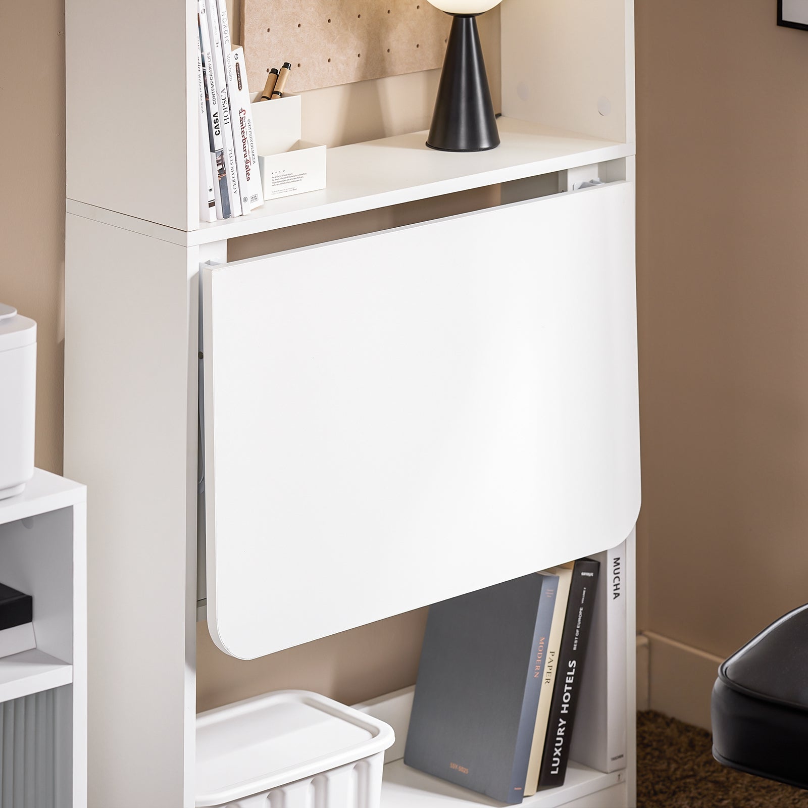 SoBuy Scrivania Salvaspazio Scrivania Ufficio con Ripiani Tavolo Pieghevole da Parete Tavolo Richiudibile per Computer Scrittoio da Lavoro Naturale 64x58x145cm FWT92-H-W