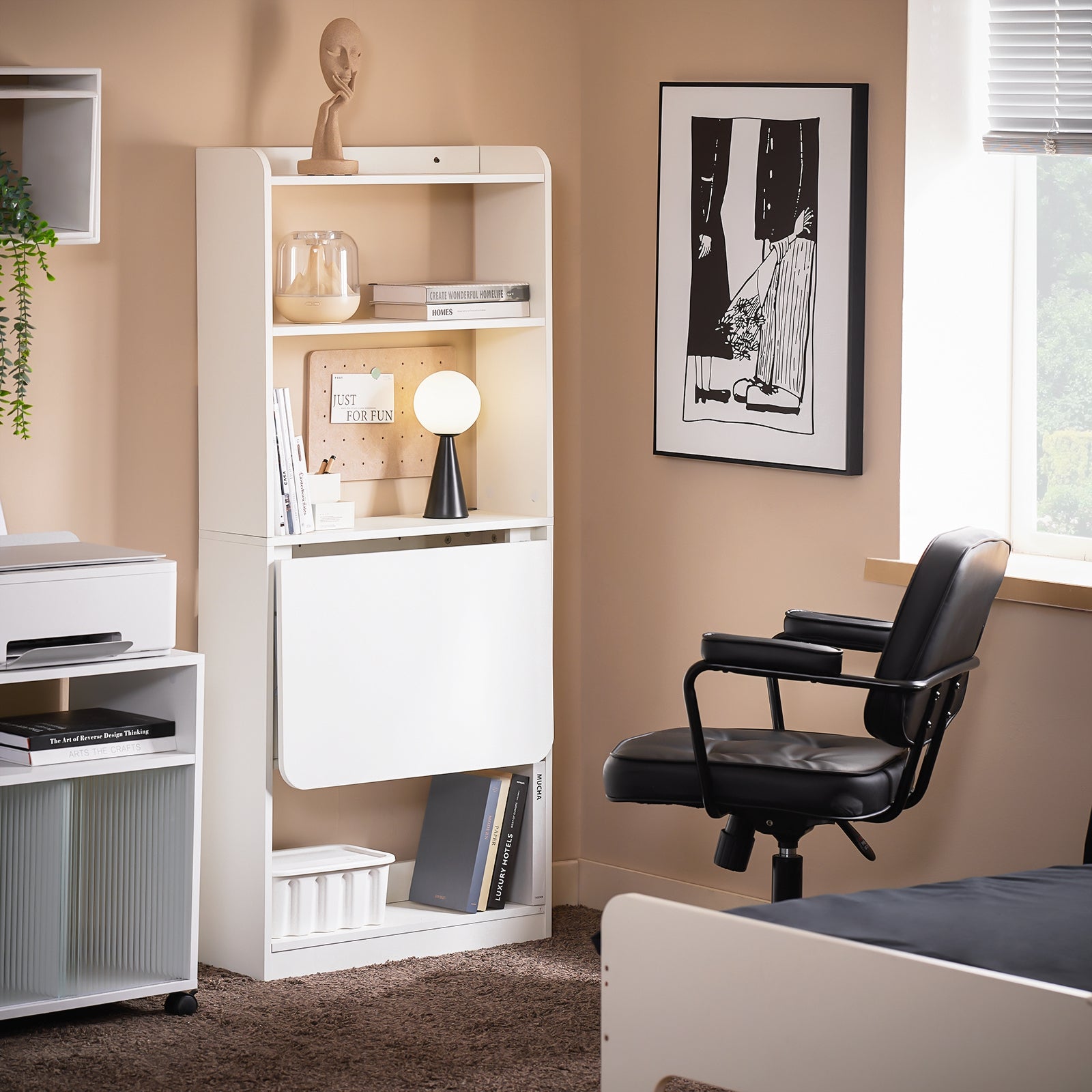 SoBuy Scrivania Salvaspazio Scrivania Ufficio con Ripiani Tavolo Pieghevole da Parete Tavolo Richiudibile per Computer Scrittoio da Lavoro Naturale 64x58x145cm FWT92-H-W