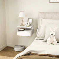 Comodino Sospeso per Camera da Letto con Cassetto e Mensola in Legno, 35x32x22.5cm, Bianco