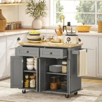 Carrello da Cucina con 2 Cassetti e 2 Armadietti, Piano in Legno, Portaspezie e Porta Canovacci, Grigio