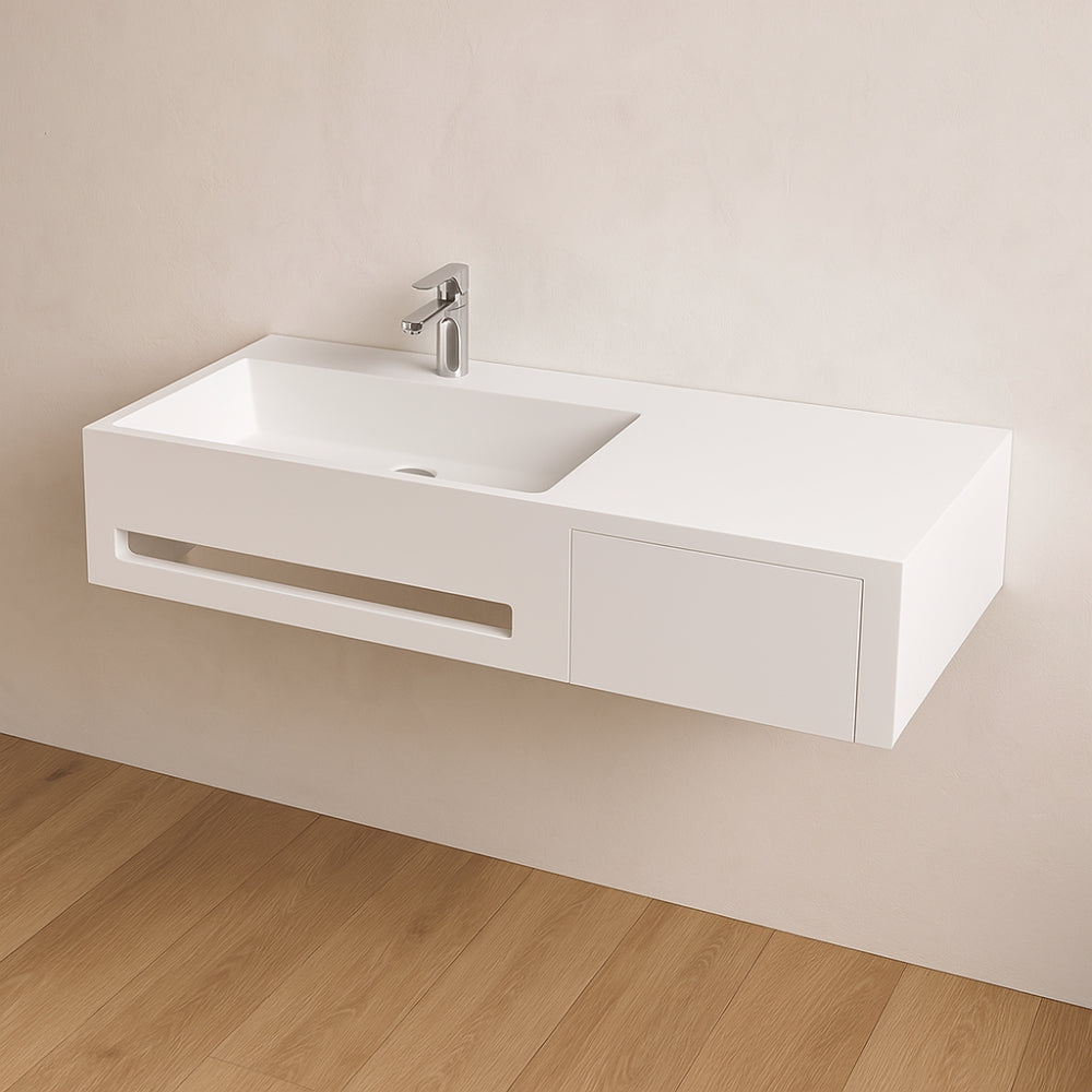 Lavabo in artificial stone bianco opaco matt modello alex sospeso con porta salviette *** confezione 1