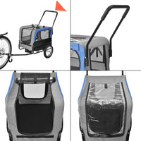 Rimorchio 2in1 per Bicicletta e Passeggiata per Cani e Animali Domestici Fino a 20 kg - Blu-Grigio-Nero pro.tec