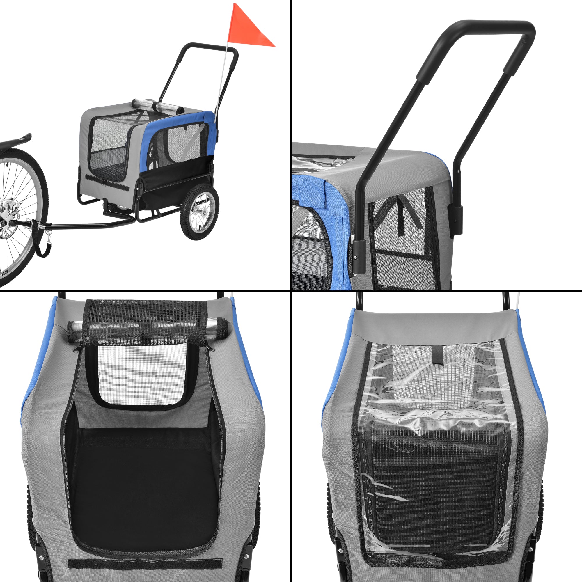 Rimorchio 2in1 per Bicicletta e Passeggiata per Cani e Animali Domestici Fino a 20 kg - Blu-Grigio-Nero pro.tec