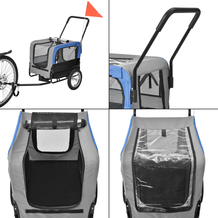 Rimorchio 2in1 per Bicicletta e Passeggiata per Cani e Animali Domestici Fino a 20 kg - Blu-Grigio-Nero pro.tec