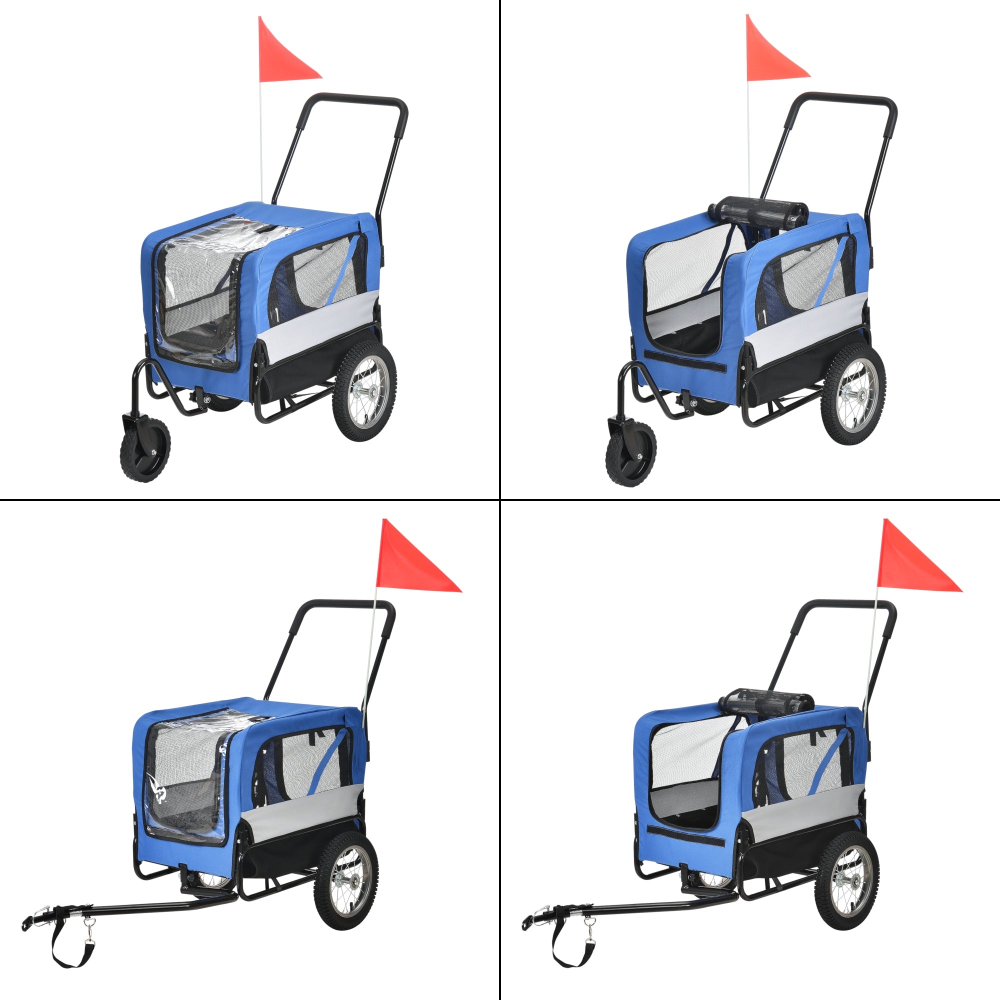 Rimorchio bicicletta per animali cani con catarifrangenti sulle ruote anteriori e barra traino bandiera rossa portata 20 kg 143 x 67 x 96 cm PVC acciaio e poliestere blu grigio nero 03_0005987