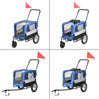 Rimorchio bicicletta per animali cani con catarifrangenti sulle ruote anteriori e barra traino bandiera rossa portata 20 kg 143 x 67 x 96 cm PVC acciaio e poliestere blu grigio nero 03_0005987